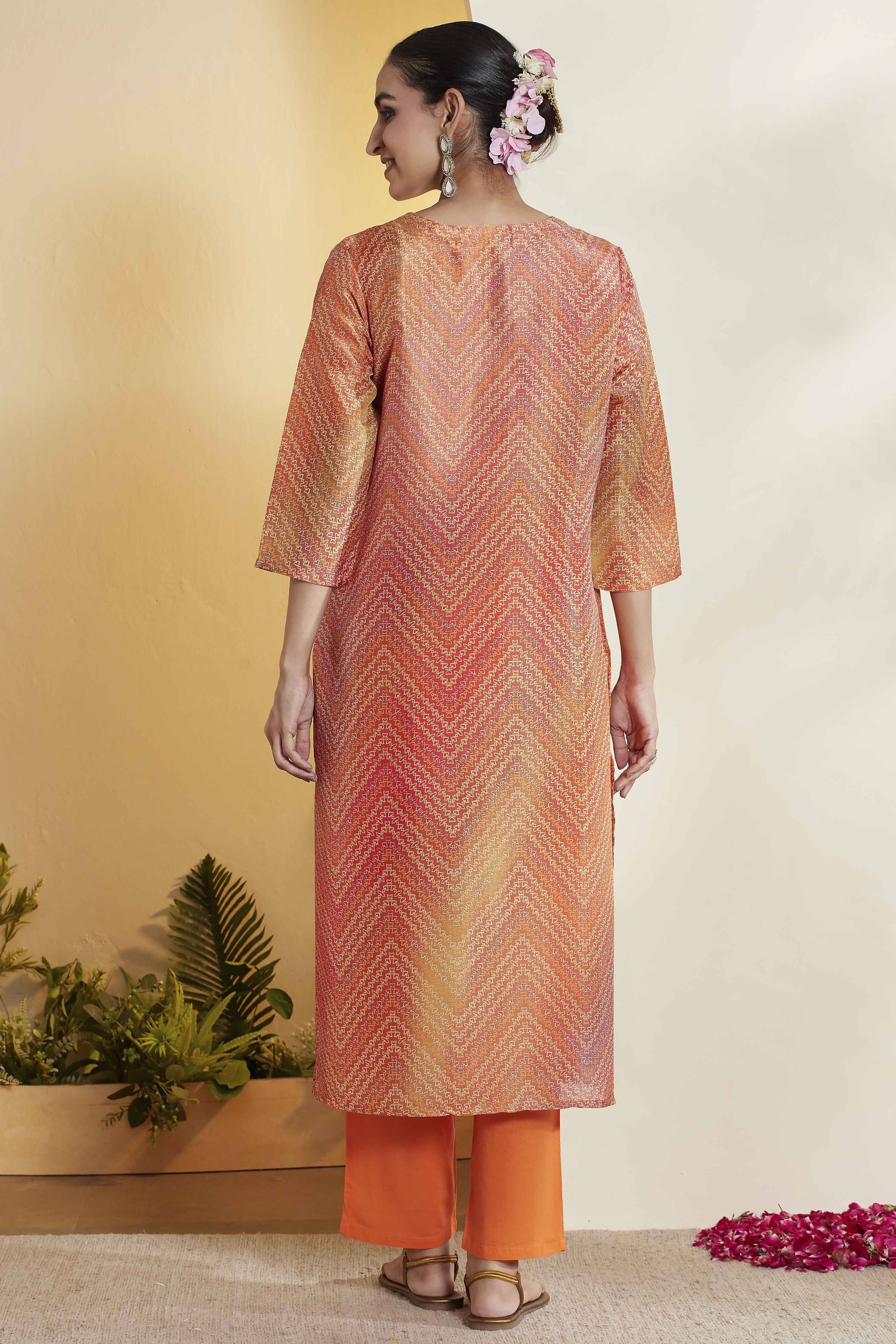 Orange Polyester Straight Printed Suit Set image number 6