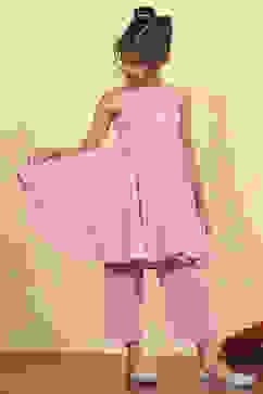 Pink Cotton Solid Tiered Kurta Set image number 6