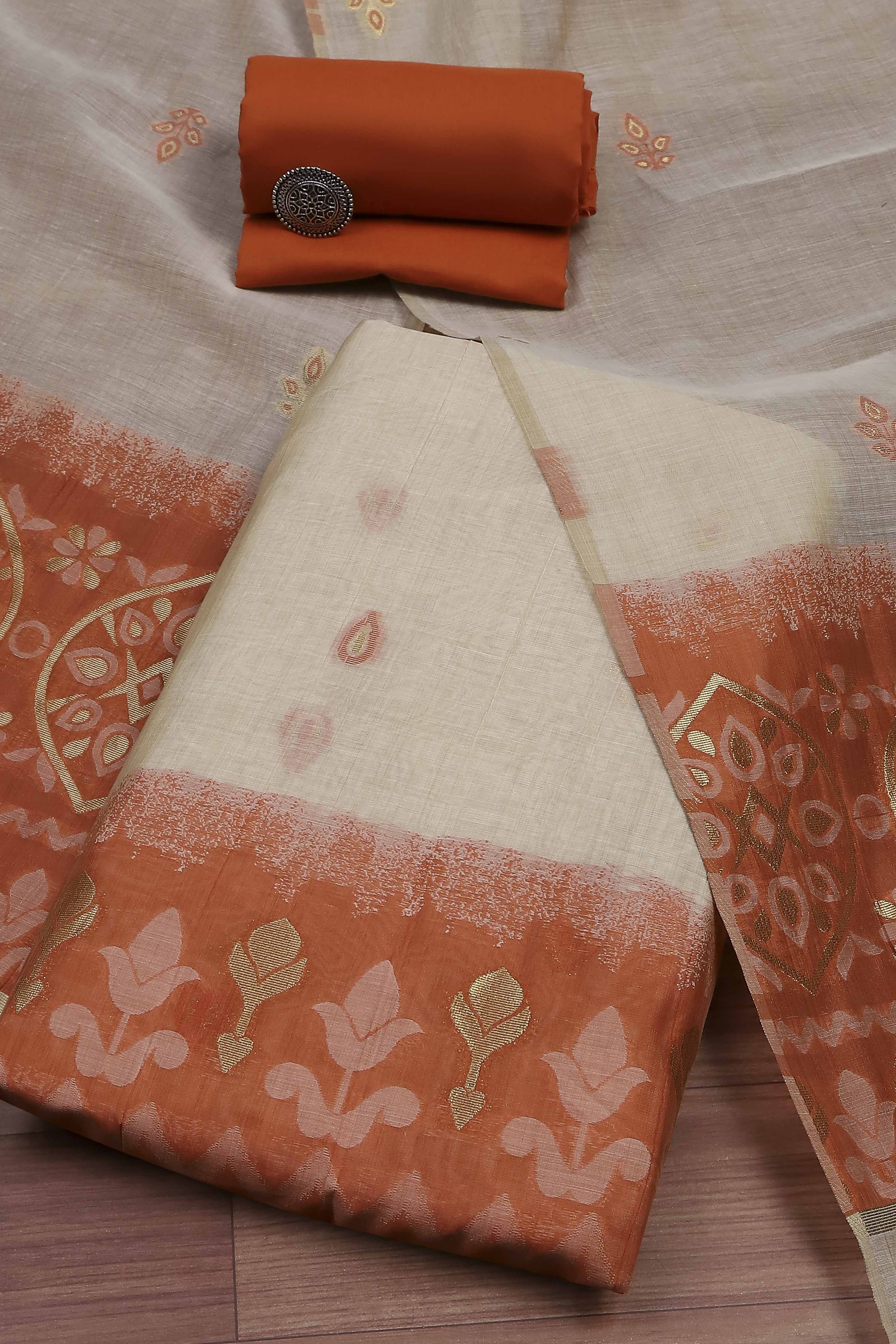 Rust Cotton Jamdani Unstitched Suit Set image number 0