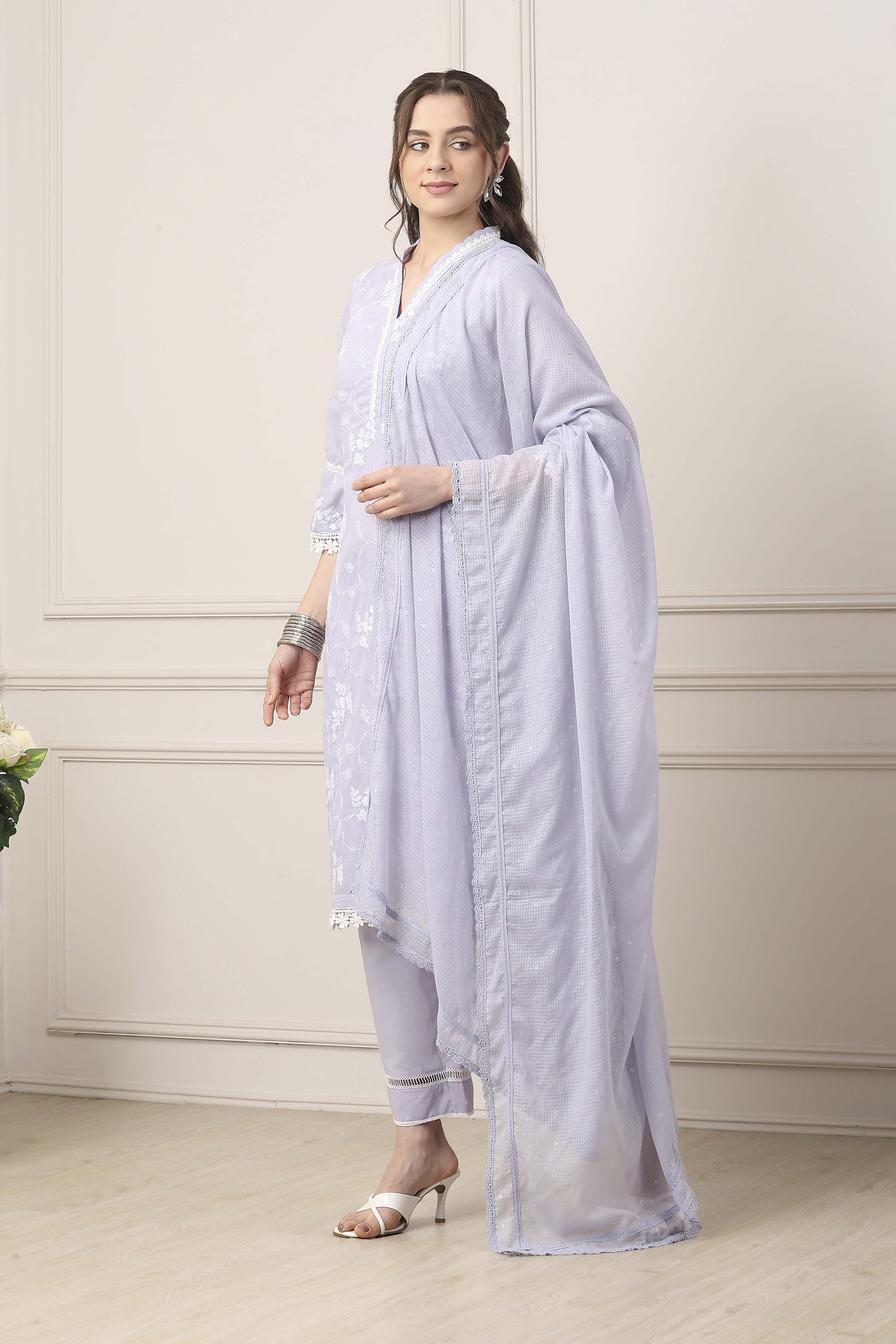 Purple Cotton Straight Suit Set image number 3