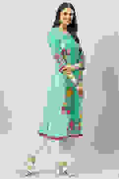 Green LIVA Straight Printed Kurta image number 3