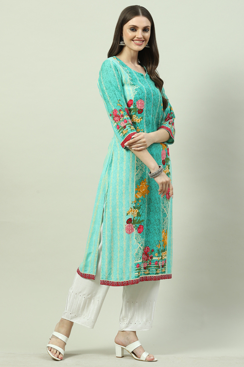 Green LIVA Straight Printed Kurta image number 3