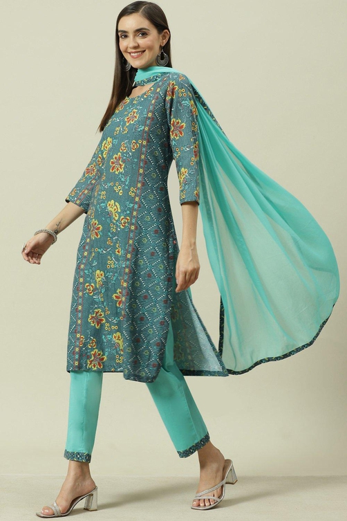 Multi-coloured Printed Straight Kurta Regular Pants Suit Set image number 5