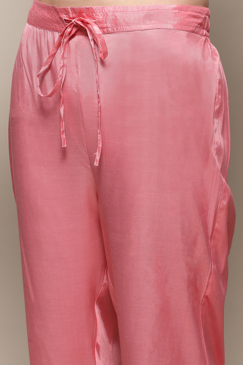 Pink Yard-Dyed Chanderi Kurta & Pants Suit Set image number 2