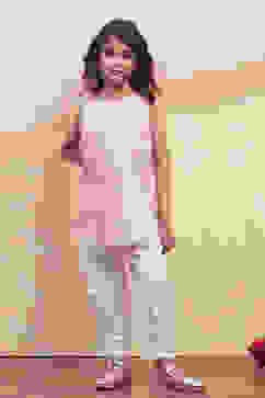 Pink and White Cotton Printed Straight Suit Set image number 0