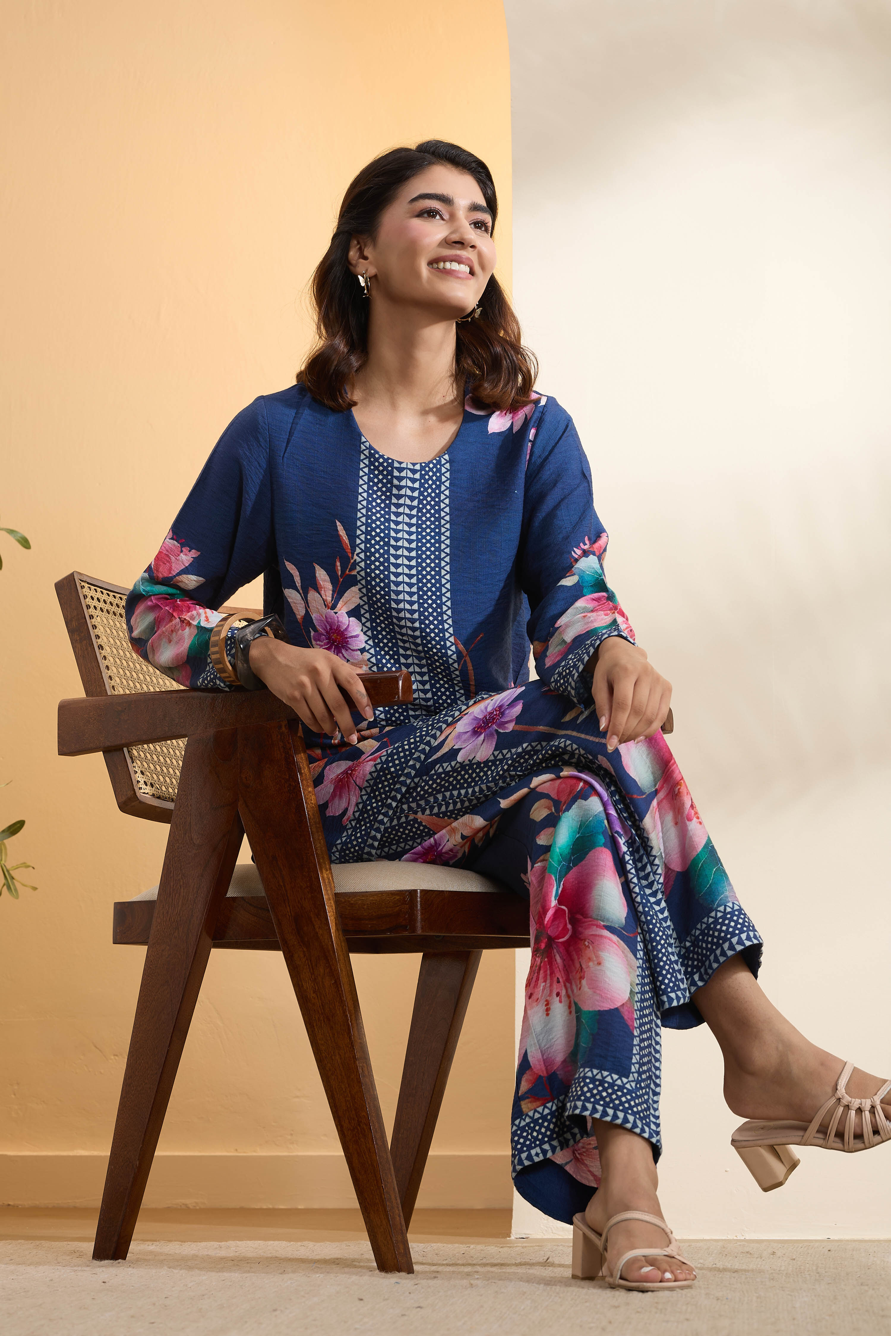 Blue Nylon Viscose Floral Printed Co-ord Set image number 0