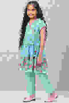 Turquoise Art Silk Straight Printed Kurta image number 3