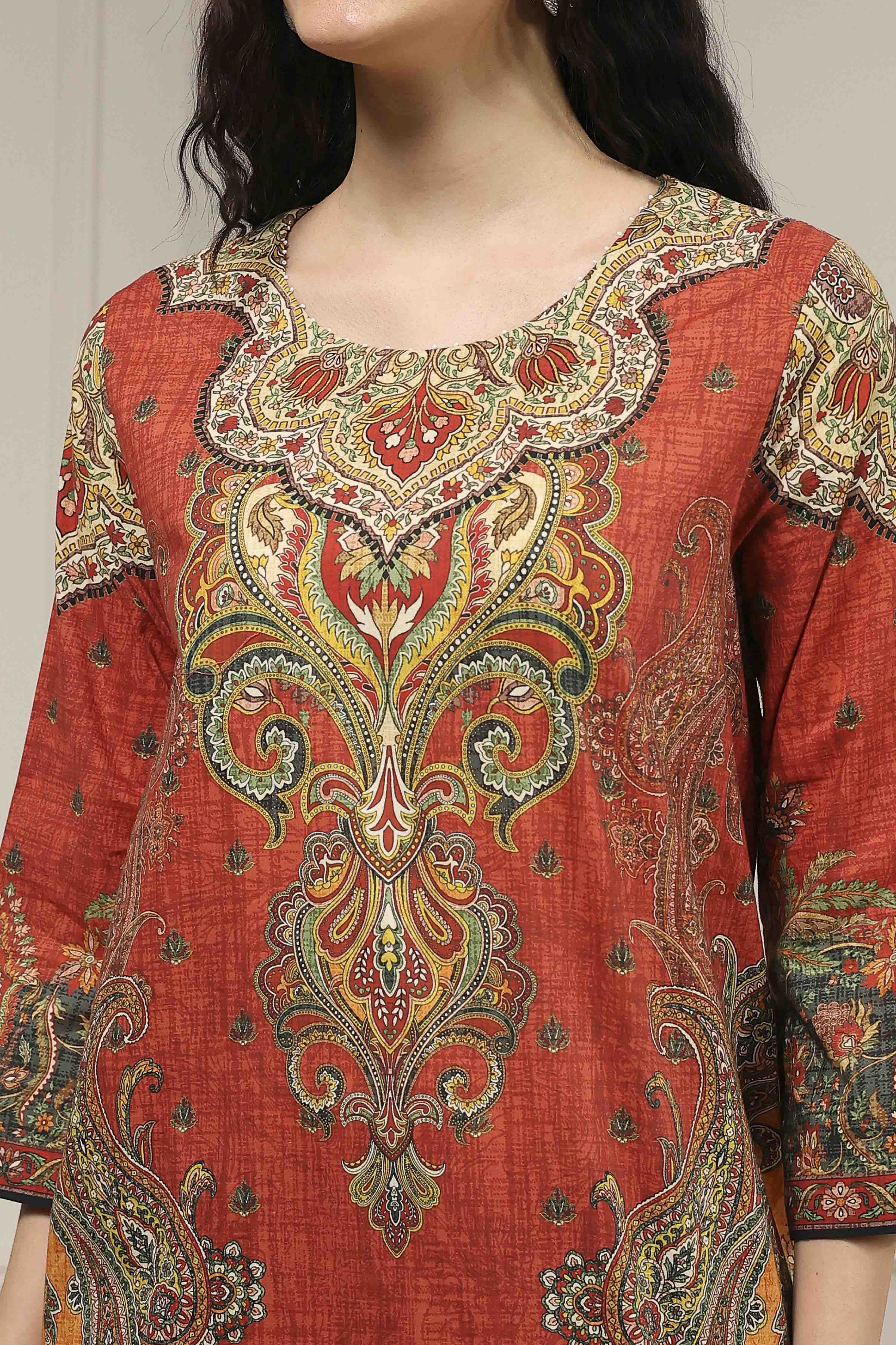 Rust Cotton Printed Straight Kurta image number 1