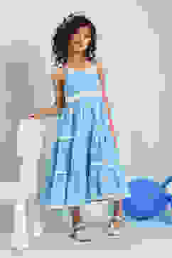 Blue Cotton Schiffli Strappy Tiered Dress image number 5