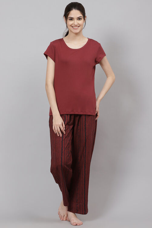Maroon Straight Art Silk Three Piece Sleepwear Set image number 3