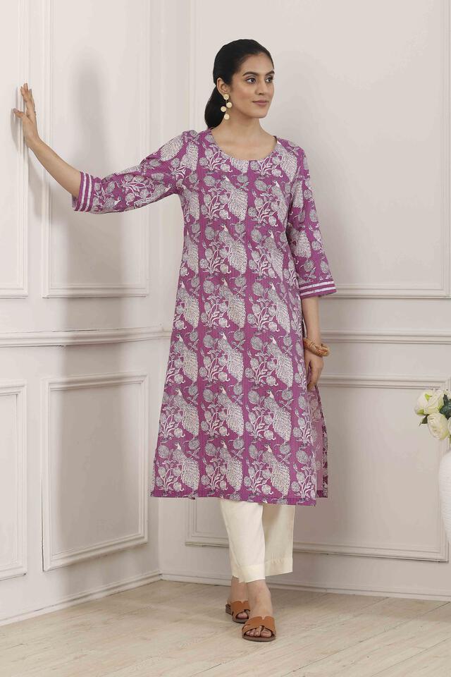 BIBA Purple Cotton Straight Kurta in Purple