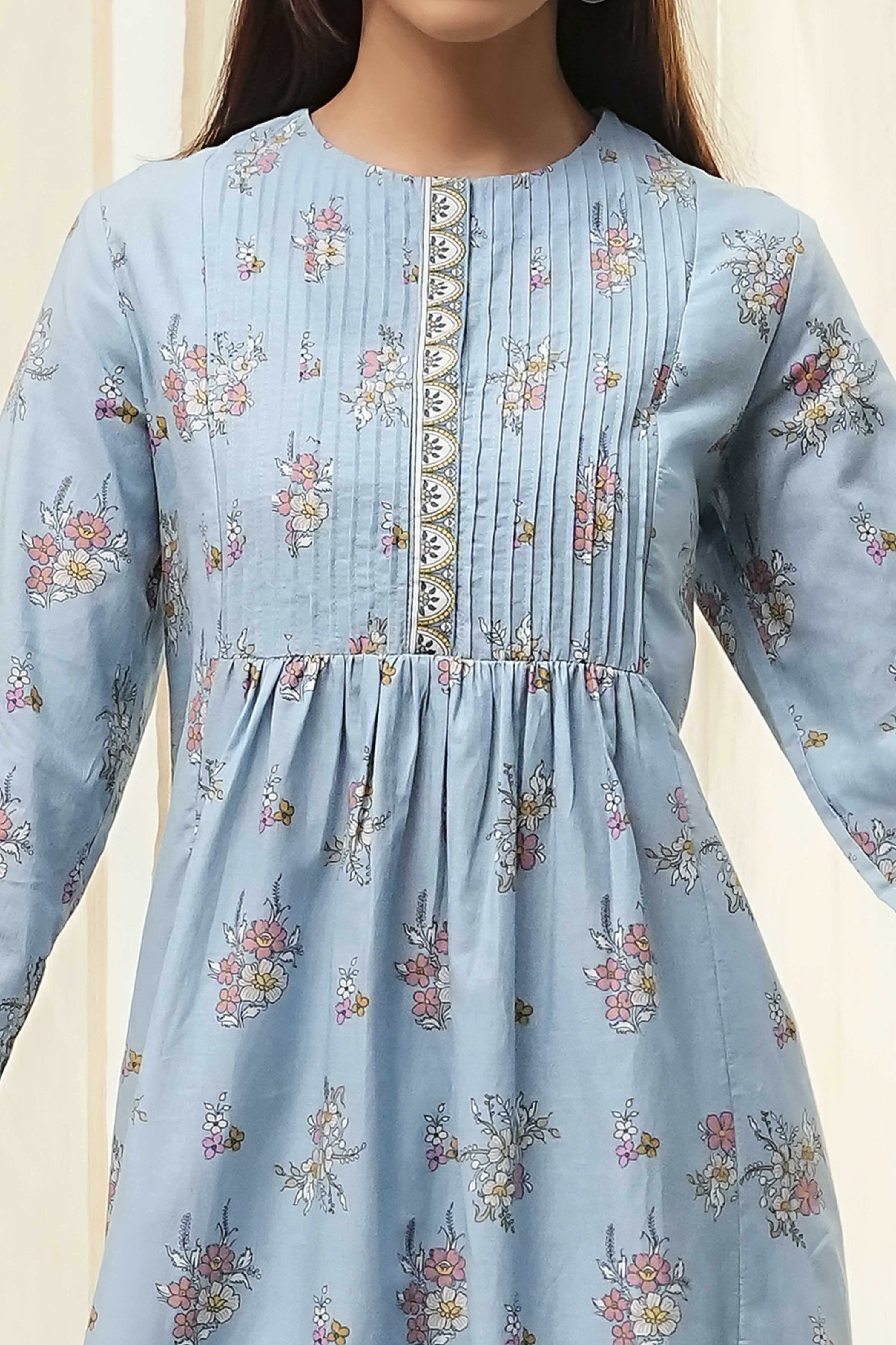 Dull Blue Cotton Flared Printed Kurta Set image number 1