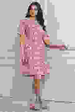 Coral Red Rayon Floral Short Dress With Belt image number 0