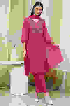 Fuchsia Embroidered Straight Suit Set image number 7
