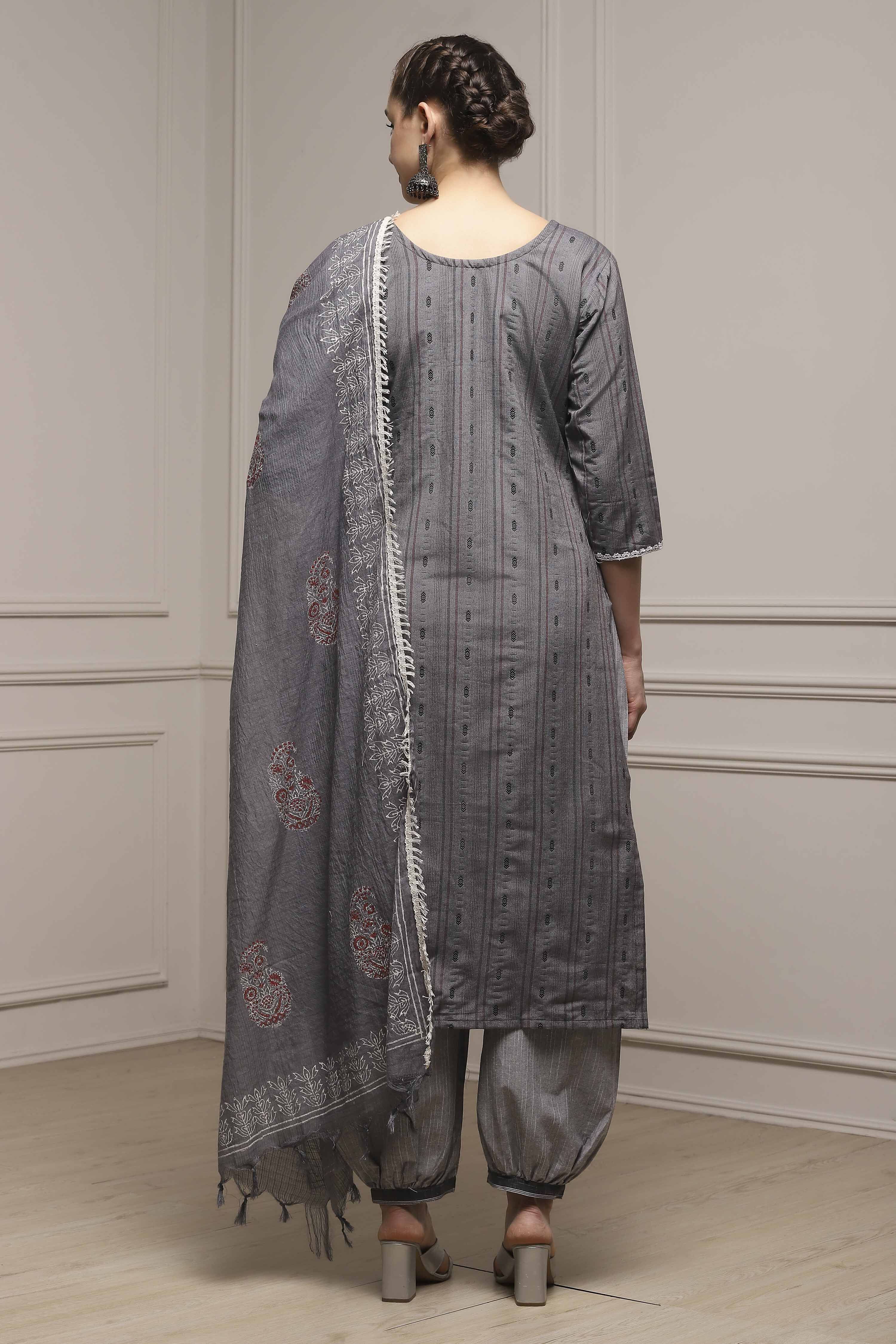 Grey Cotton Blend Woven Unstitched Suit Set image number 5