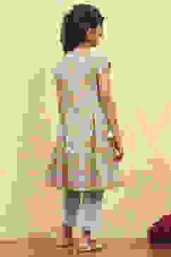 Green Cotton Flared Printed Suit Set image number 4