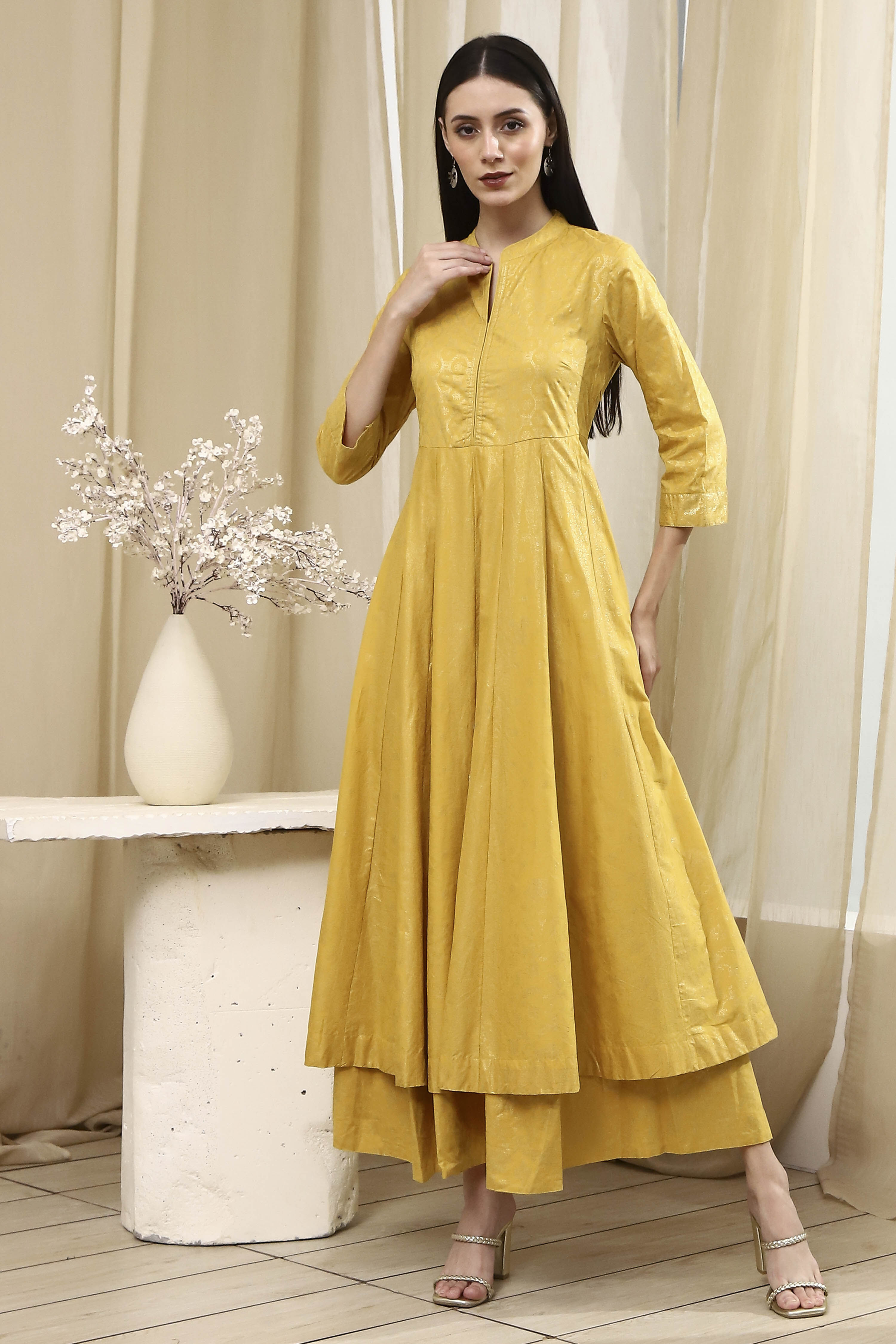 Lime Yellow Cotton Layered Anarkali Dress image number 5