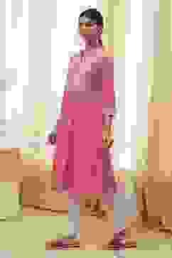 Pink Cotton Embroidered A-Line Kurta image number 2