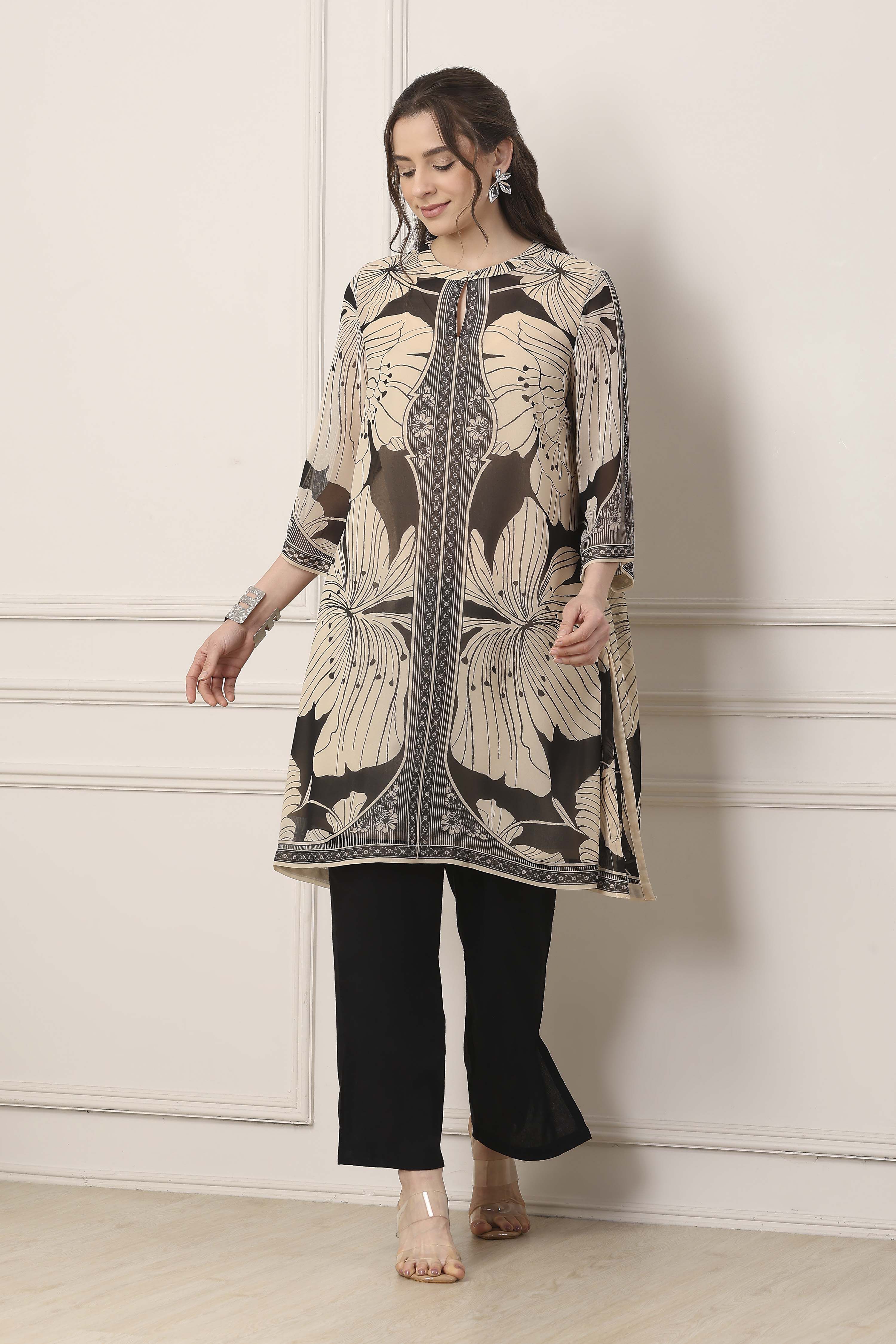 Beige & Black Poly Georgette Floral Kurta image number 0