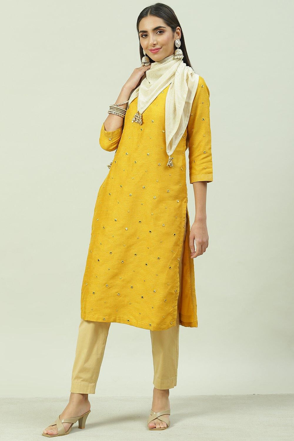 Yellow Art Silk Straight Yarndyed Kurta image number 0
