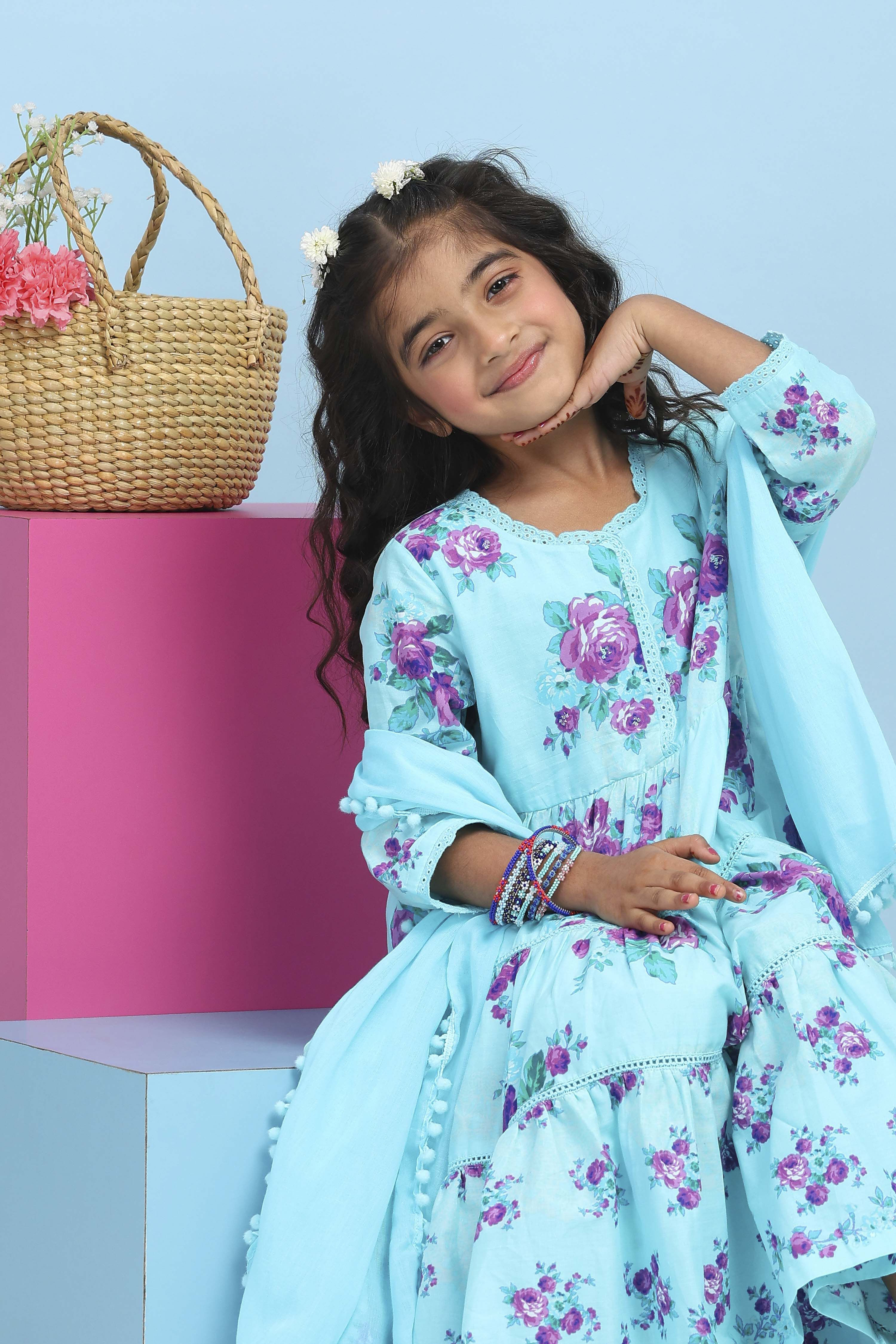 Blue Cotton Printed Tiered Suit Set image number 7