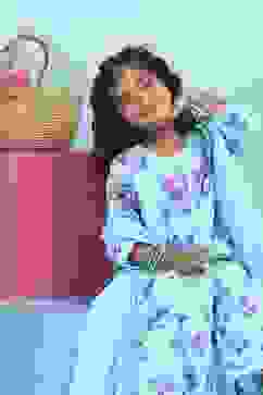 Blue Cotton Printed Tiered Suit Set image number 7