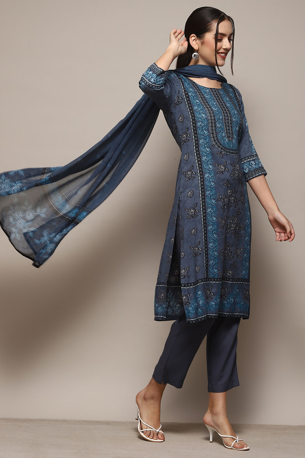 Blue & Rust LIVA Straight Kurta Slim Pant Suit Set image number 6