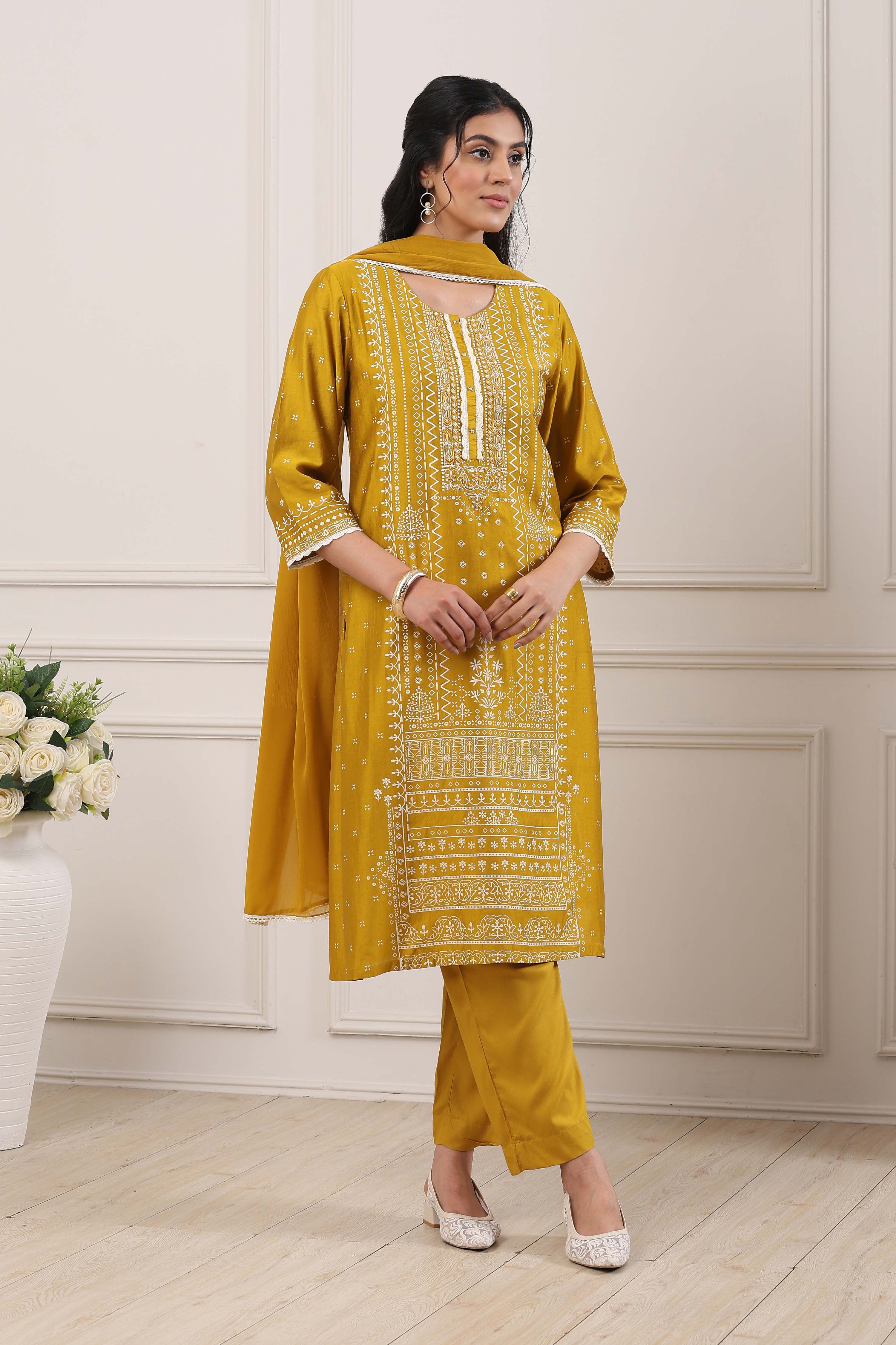 Mustard Yellow Ethnic Motifs Straight Suit Set image number 5