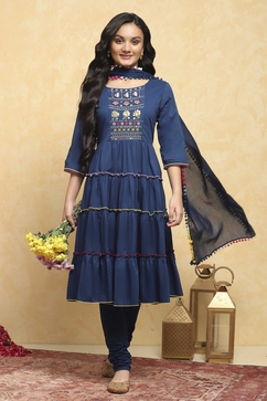 Navy Blue Cotton Tiered Solid Suit Set image number 0