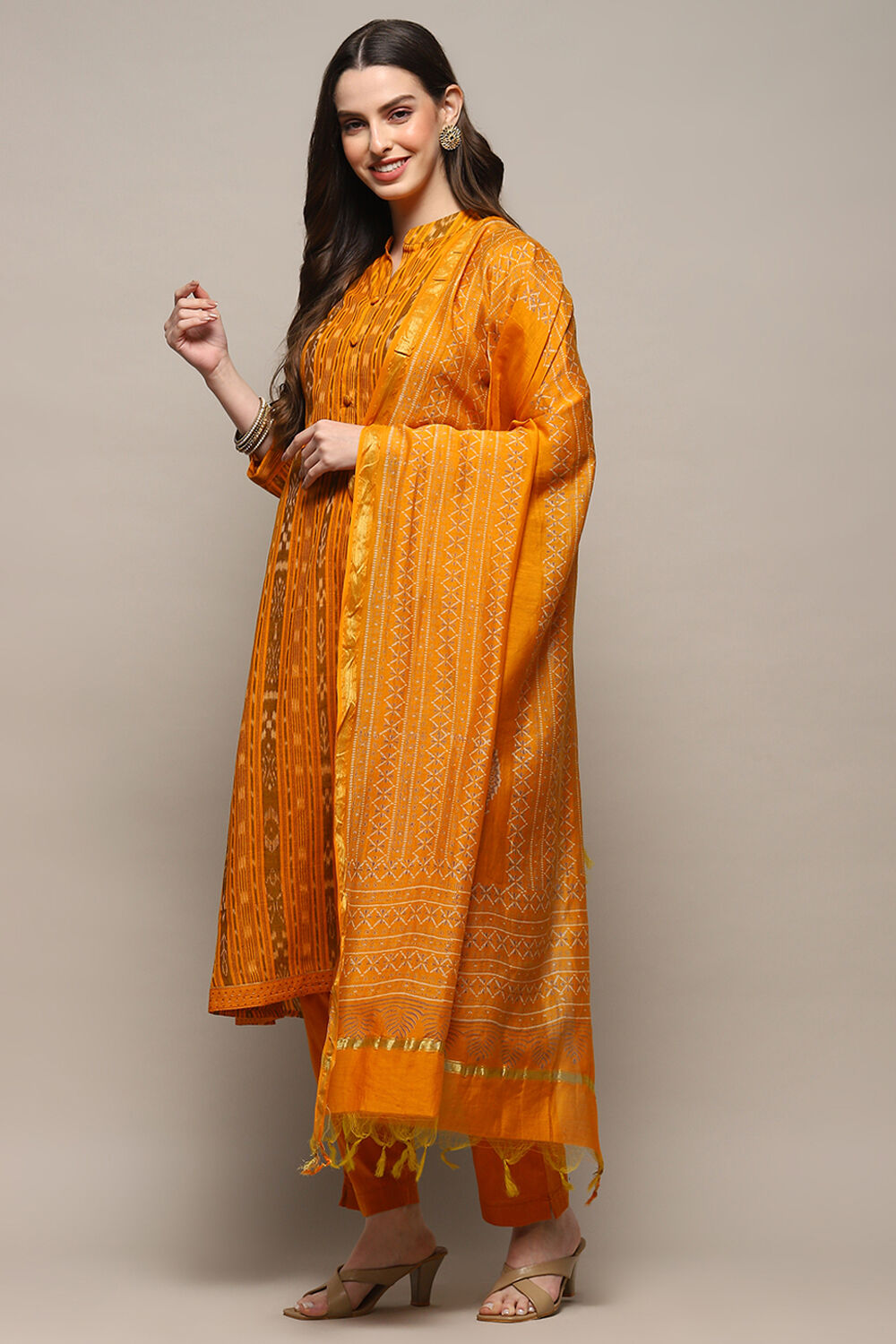 Orange Cotton Unstitched Suit set image number 5