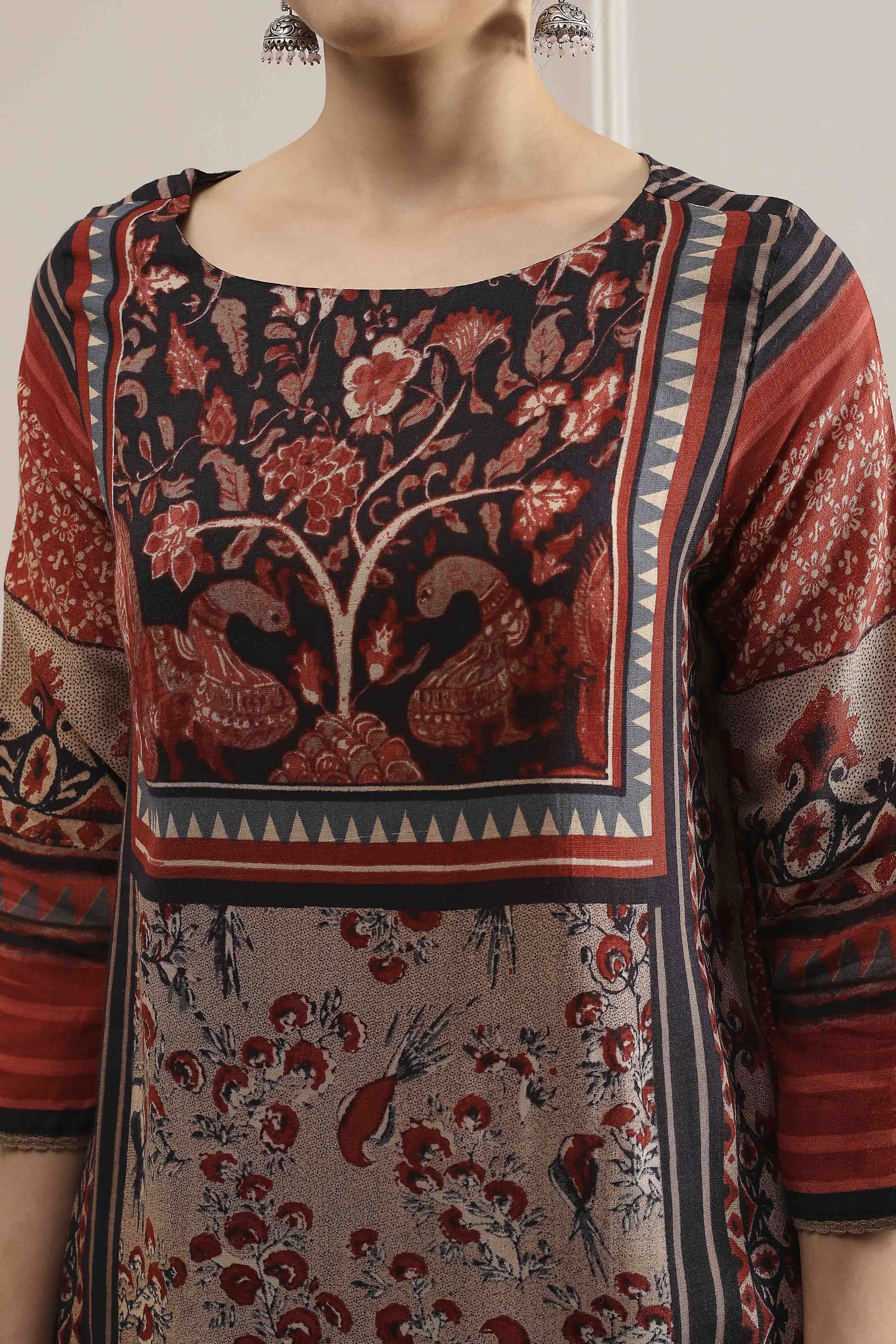 Black and Rust Printed Straight Kurta image number 1