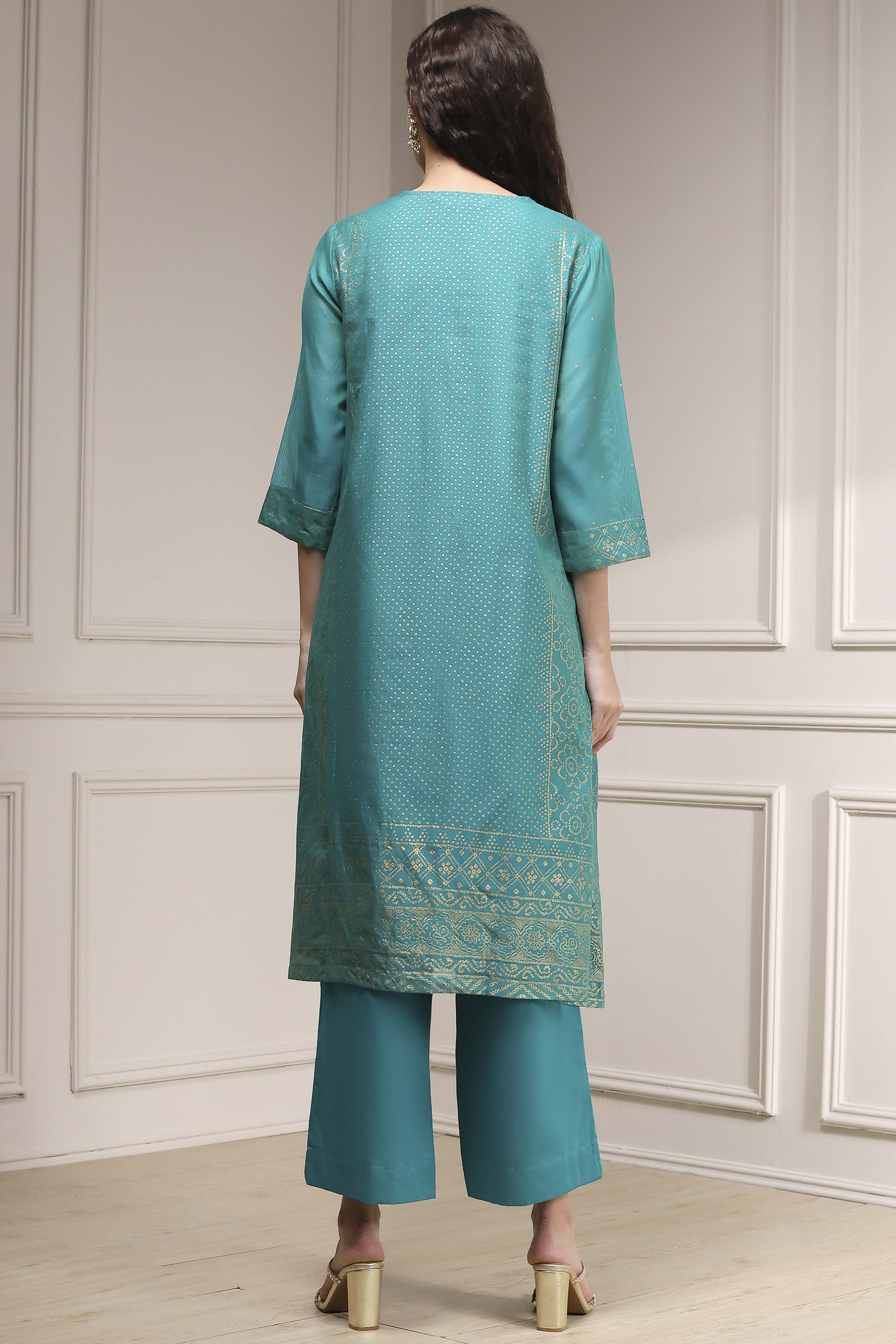 Turquoise Cotton Blend Printed Straight Suit Set image number 4