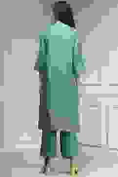 Turquoise Cotton Blend Printed Straight Suit Set image number 4