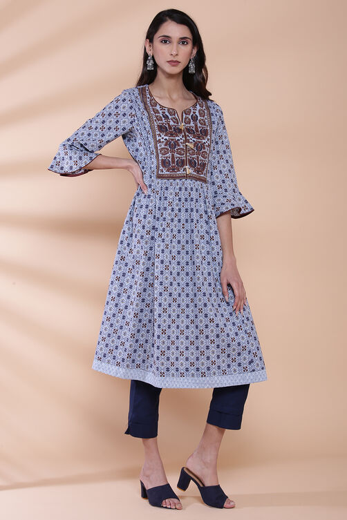 Blue Cotton A-line Printed Kurta image number 3