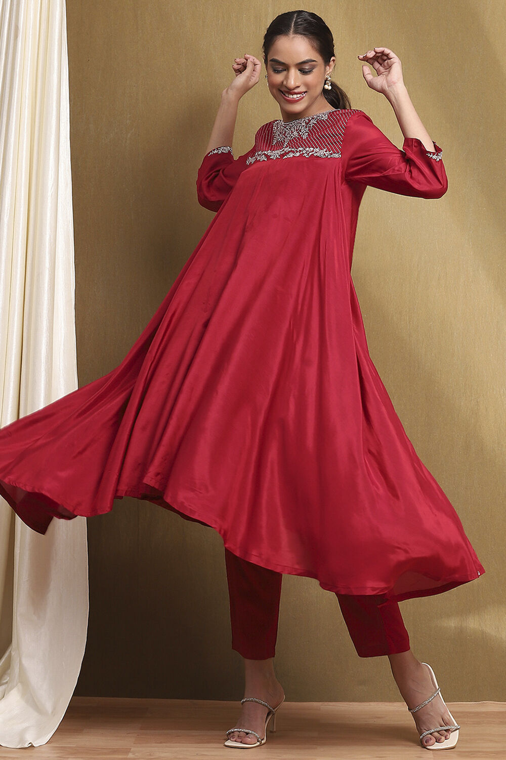 Red Modal Embroidered A-Line Kurta Set image number 0