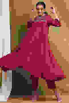 Red Modal Embroidered A-Line Kurta Set image number 0