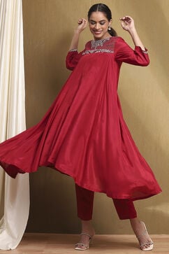 Red Modal Embroidered A-Line Kurta Set image number 0