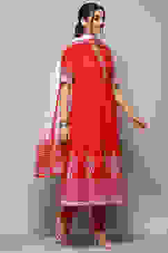 Red Cotton Anarkali Printed Kurta Churidar Suit Set image number 6