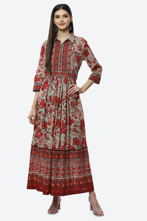 Green Cotton Flared Printed Dress image number 0