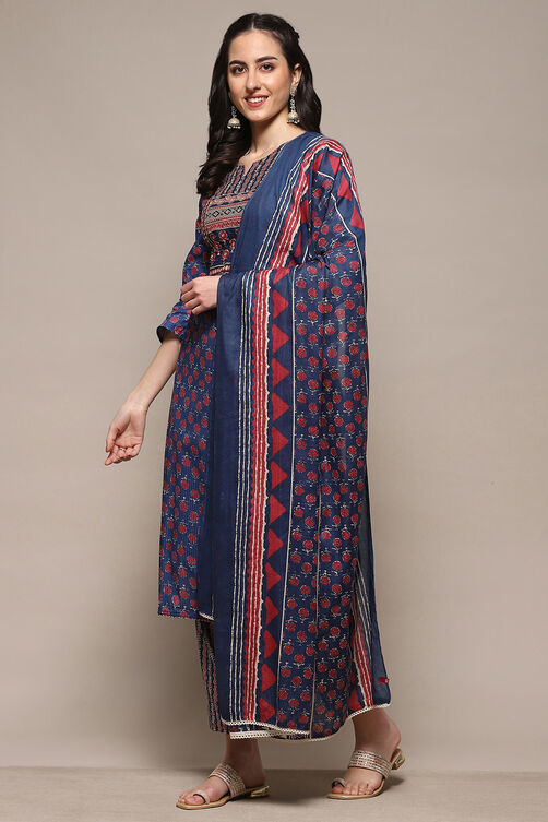 Blue Cotton Unstitched Suit Set image number 5