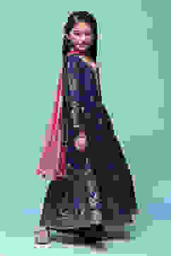 Navy Blue Viscose Tiered Kurta Printed Suit Set image number 6