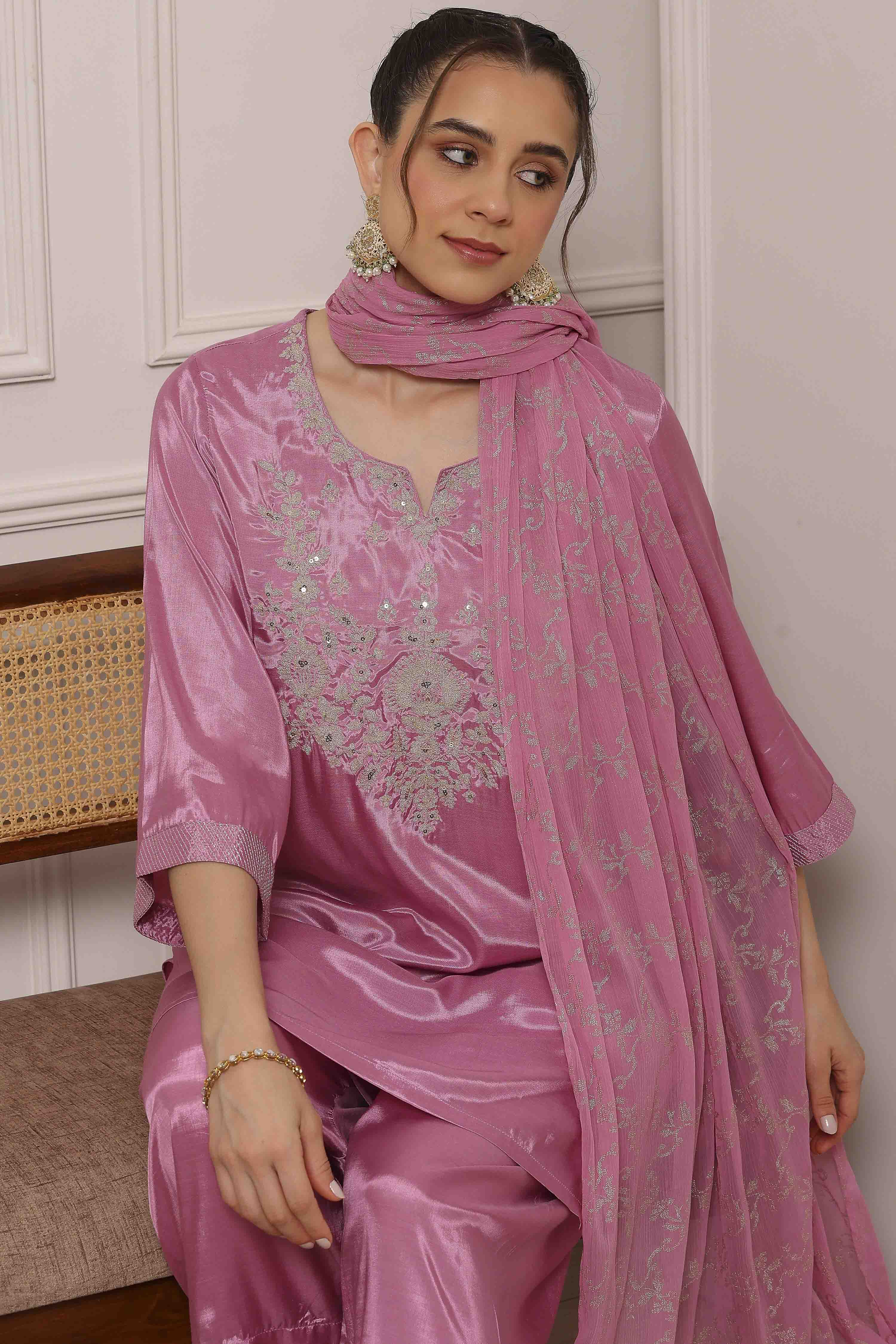 Pink Viscose Shantoon Embroidered Straight Suit Set image number 7