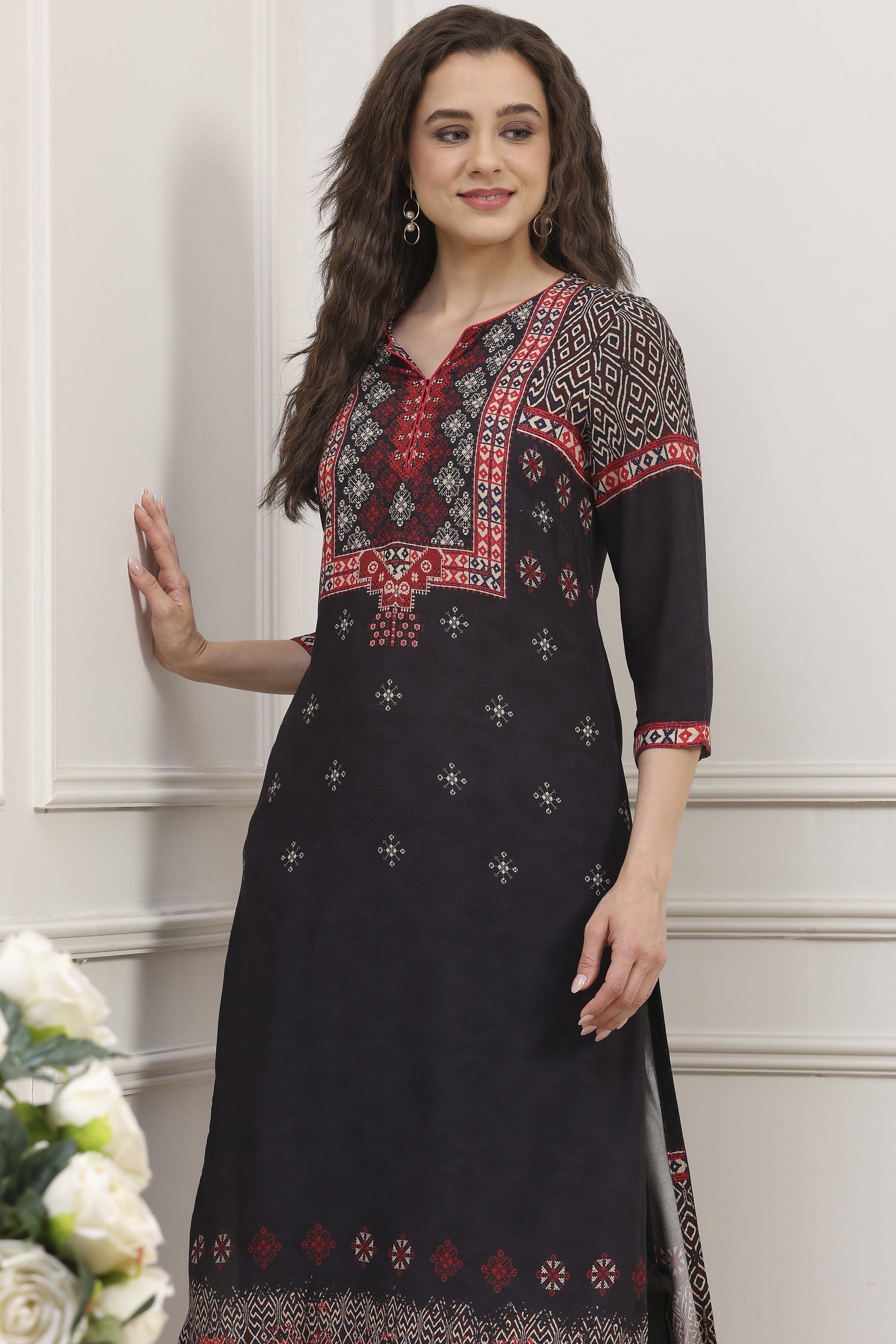 Black Rayon Straight Printed Kurta image number 6