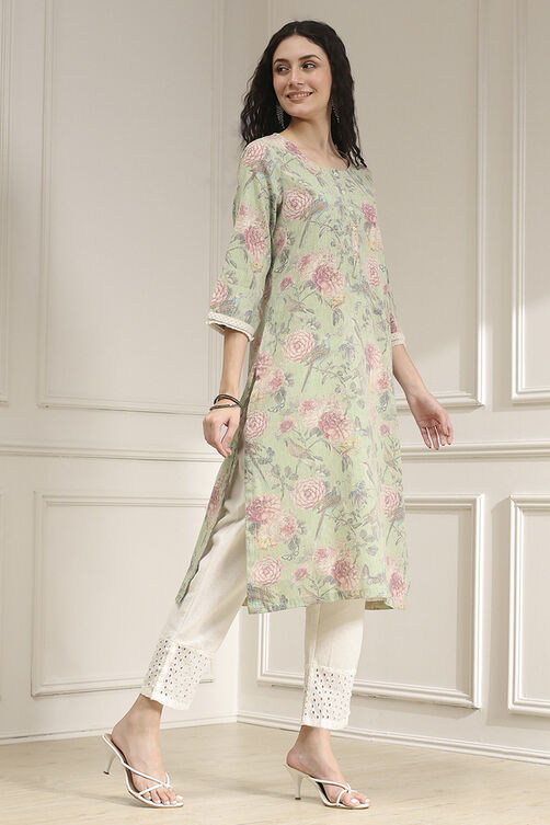 Yellow Cotton Blend Printed Straight Kurta image number 4