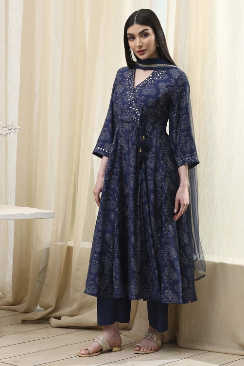 Navy Blue Printed Angrakha Style Anarkali Suit Set image number 3