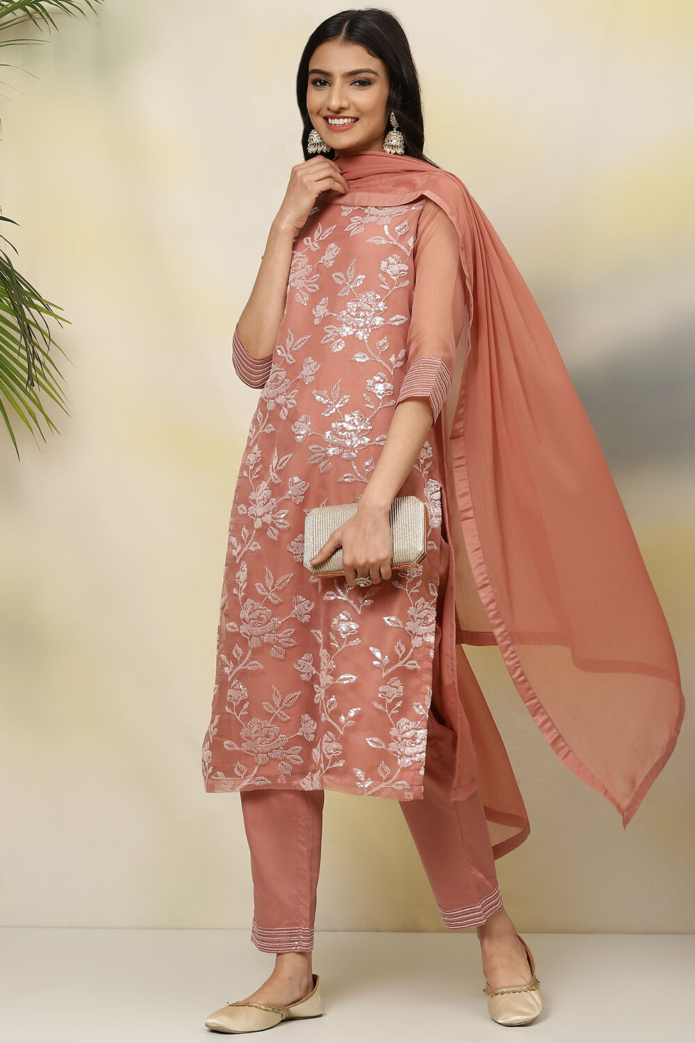 Dusky Pink Art Silk Straight Kurta Regular Pant Suit Set image number 7