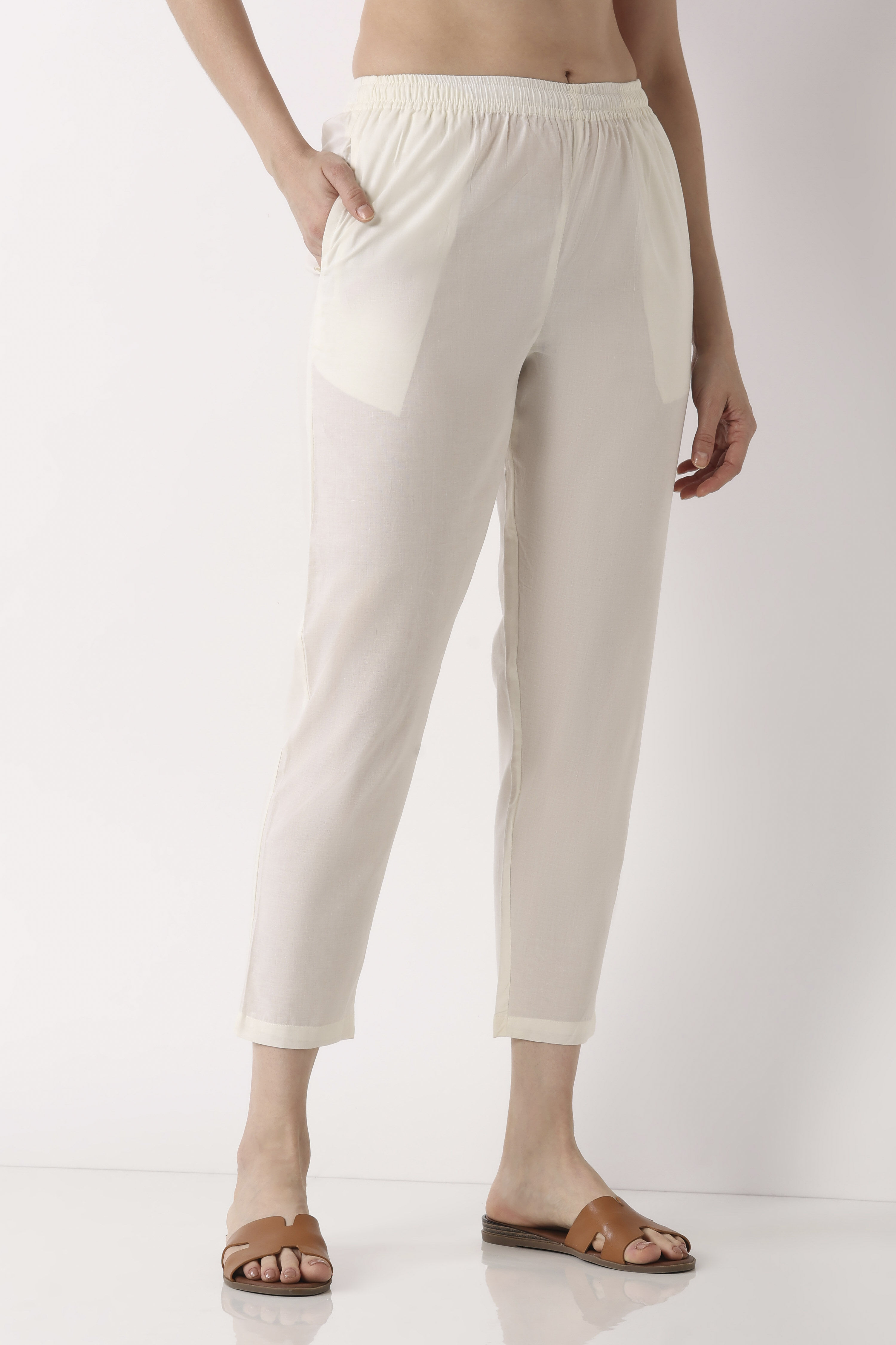 Off White Cotton Slim Pants image number 3
