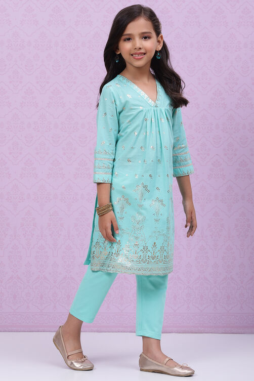 Blue Cotton Straight Printed Kurta Set image number 3