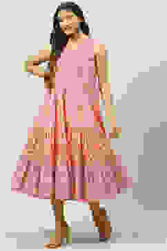 Pink Cotton Flared Fusion Printed Dress image number 2