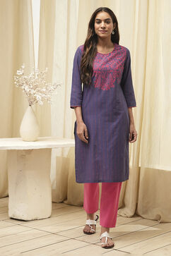 Purple Cotton Straight Printed Kurta image number 5